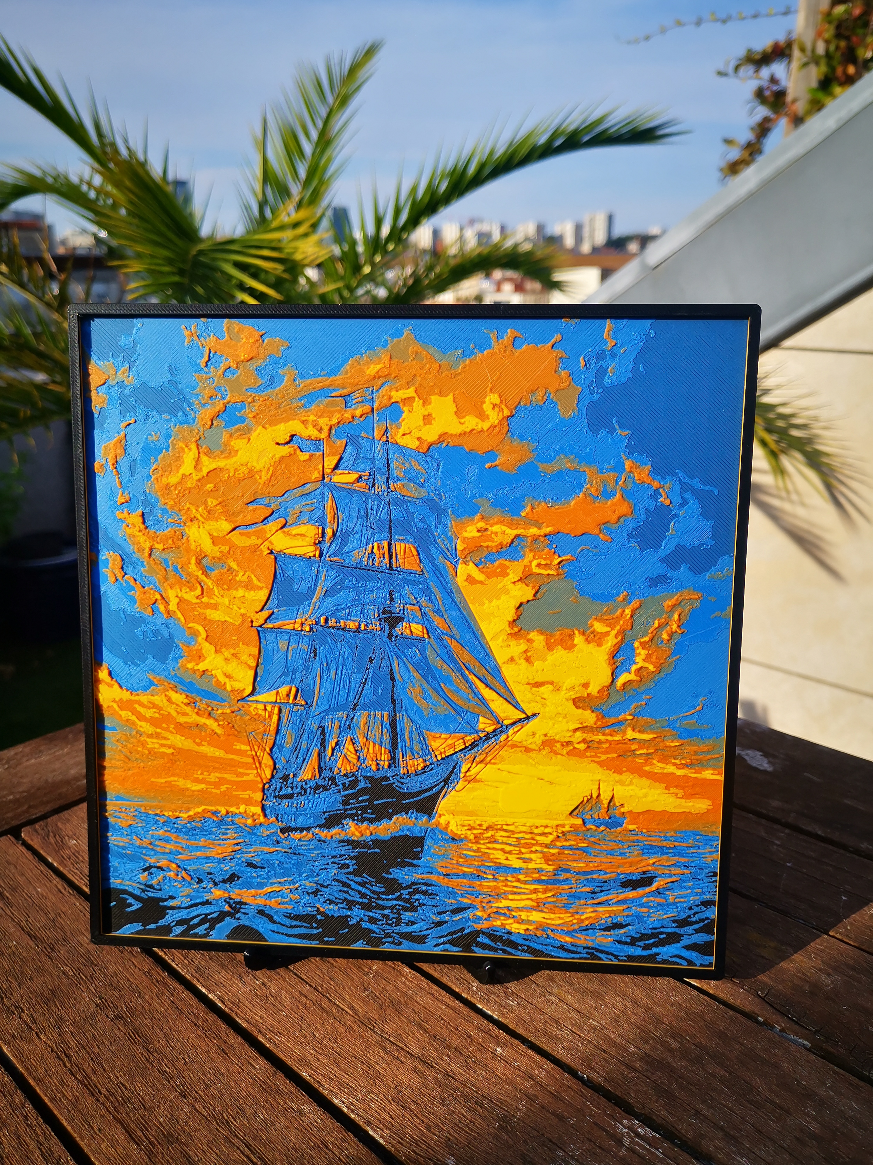 Gravure clipper sous le soleil couchant
