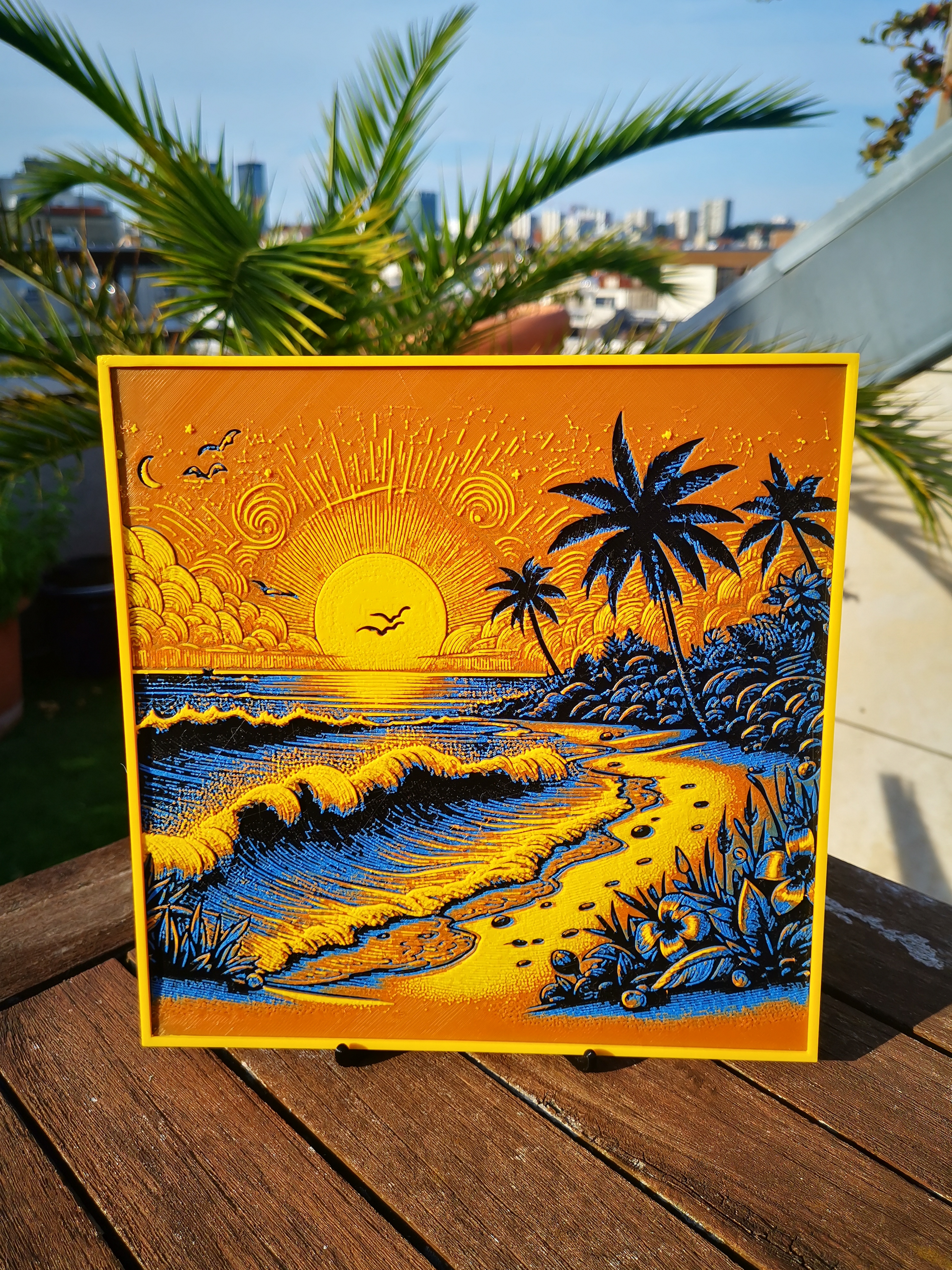 Gravure plage au coucher du soleil