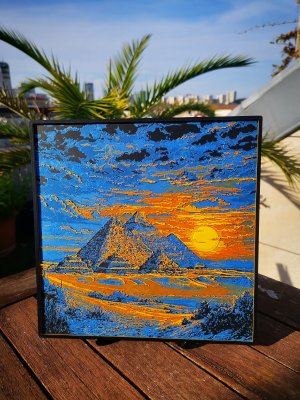 Gravure coucher de soleil sur les Pyramides