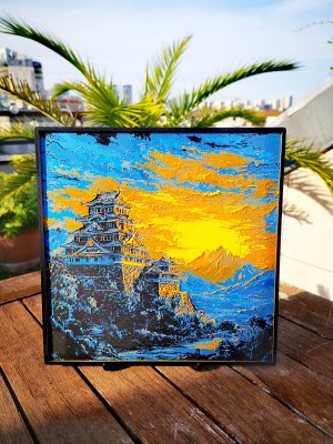 Gravure coucher du soleil au Château de Himeji